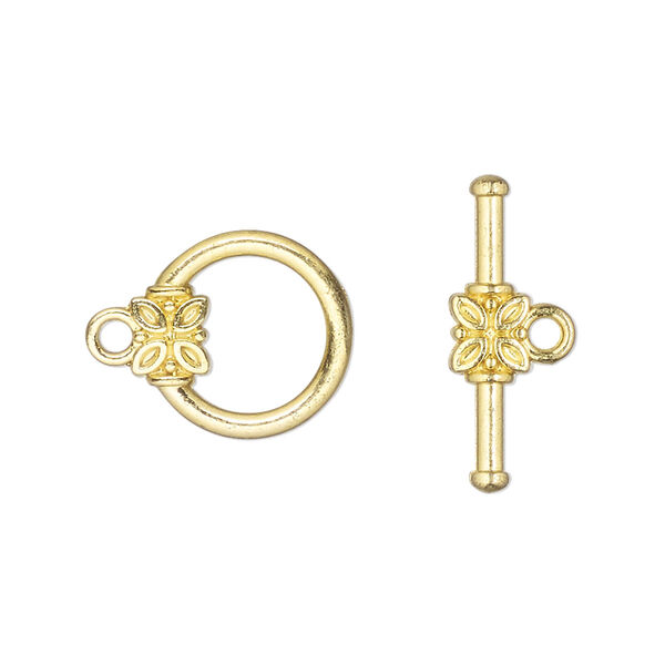 Clasp, toggle, gold-finished "pewter" (zinc-based alloy), 12.5mm round with flower and ribbed design. Sold per pkg of 10. image number 0