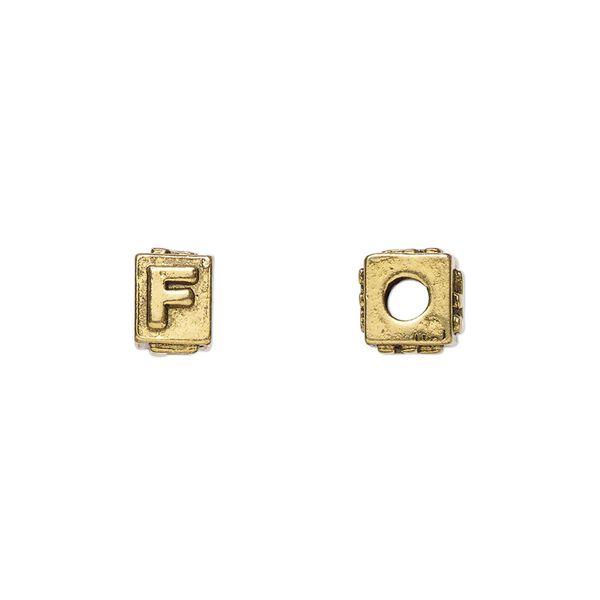 Bead, antique gold-plated pewter (tin-based alloy), 8x6mm rectangle with alphabet letter "F.". Sold per pkg of 4. image number 0