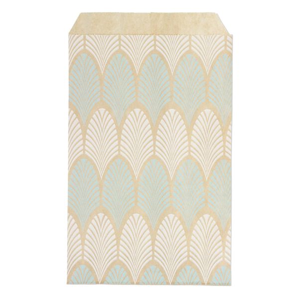 Bag, paper, brown, white and blue, 6x4 inch rectangle with leaf-print and scalloped top edge. Sold per pkg of 100. image number 0