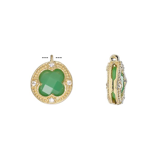 Drop, chalcedony (dyed) / cubic zirconia / gold-finished sterling silver, clear and sea green, 12mm two-sided faceted round. Sold individually. image number 0