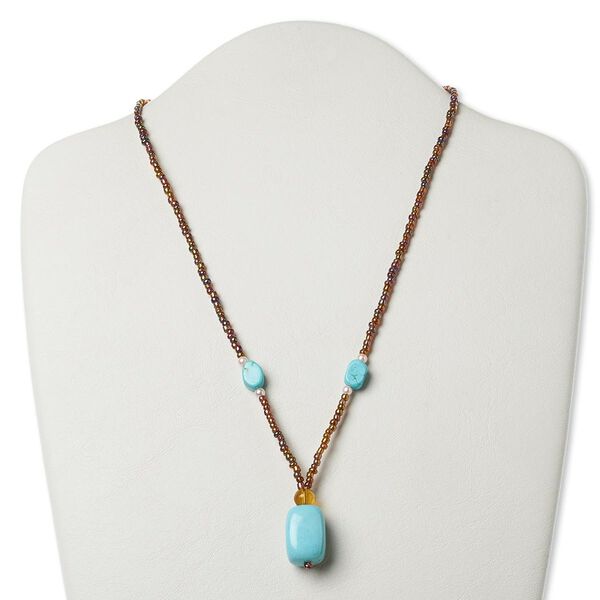 Magnesite / glass / "pewter" (zinc based-alloy) 1pkg1, silver-finished / antiqued gold-finished rainbow tumbled nugget necklace / 17 inch / lobster claw clasp / large image number 0