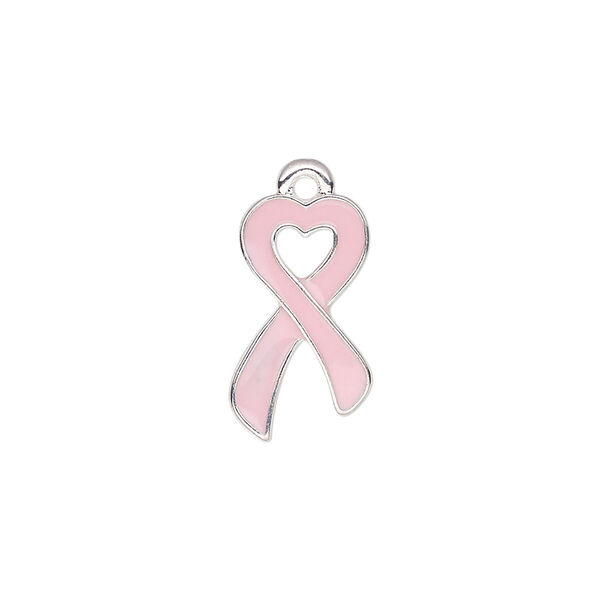 Charm, enamel and silver-finished "pewter" (zinc-based allow), pink, 18x10.5mm single-sided awareness ribbon heart. Sold per pkg of 2. image number 0