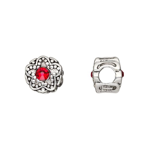 Bead, Dione®, antique silver-plated pewter (tin-based alloy) and crystal rhinestone, ruby red, 11mm double-sided round with star design. Sold individually. image number 0