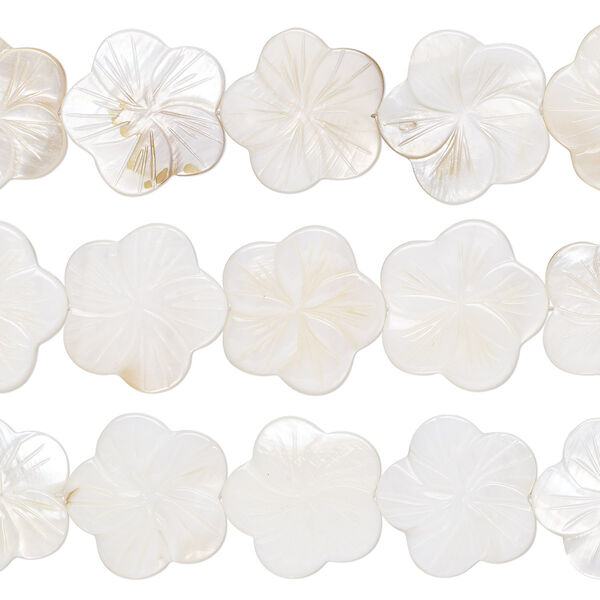 Bead, mother-of-pearl shell (natural / bleached), 23x22mm-25x24mm carved flower with 0.6-0.8mm hole, Mohs hardness 3-1/2. Sold per pkg of (3) 15-inch strands. image number 0