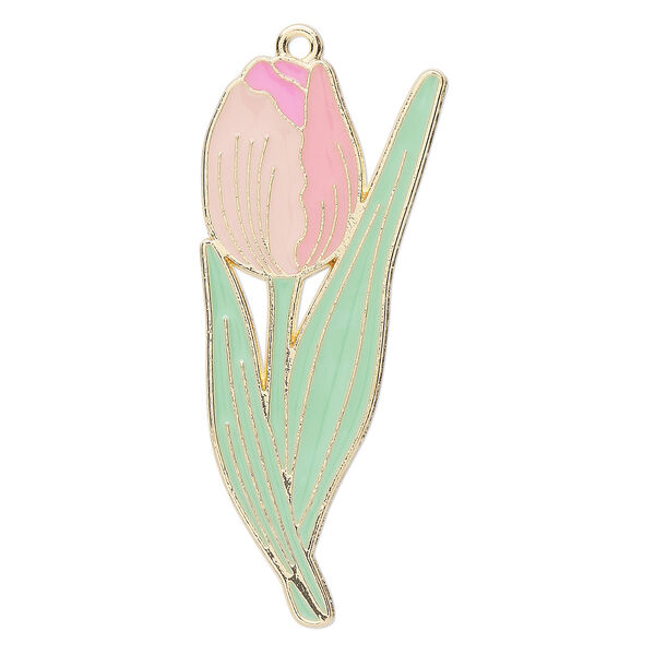 Focal, gold-finished "pewter" (zinc-based alloy) and enamel, multi-pink and green, 52x22mm tulip. Sold individually. image number 0