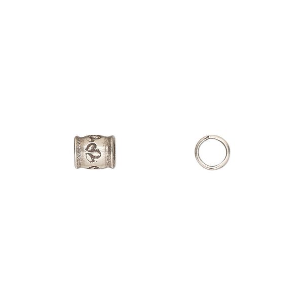 Bead, Hill Tribes, antiqued sterling silver, 6x5mm round tube with leaf design. Sold per pkg of 2. image number 0
