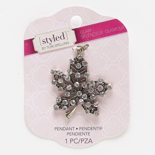 Focal, glass rhinestone with antiqued gold-finished steel and "pewter" (zinc-based alloy), clear, 46x44mm leaf. Sold individually. image number 0