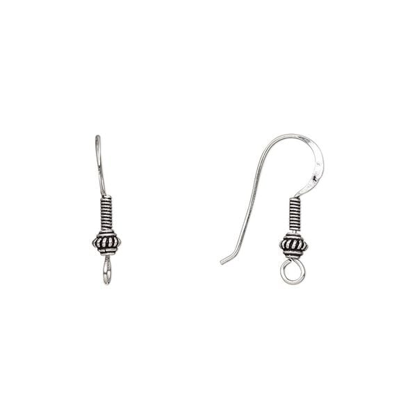 Ear wire fishhook 1pkg4 sterling silver, 26mm / 5mm fancy round / 5mm coil / open loop, 20 gauge antiqued 2 pair image number 0