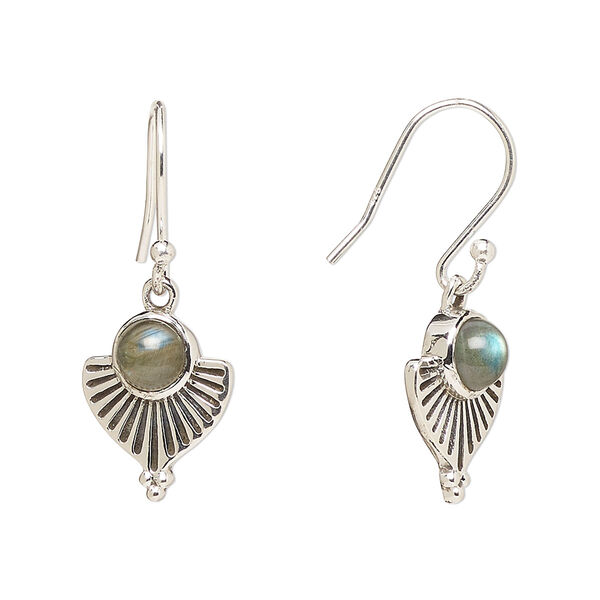Ear wire, Create Compliments®, antiqued sterling silver and labradorite (natural), fishhook, 28mm with 14x11.5mm single-sided fan, 21 gauge. Sold per pair. image number 0