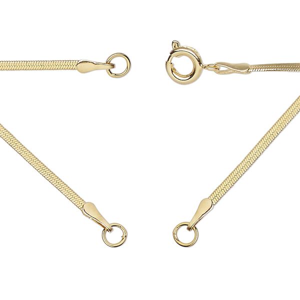 Necklace, gold-finished brass, 1.6mm flat snake, 18 inches in (2) 9" segments with (2) 3.5mm soldered jump rings and springing clasp. Sold Individually. image number 0