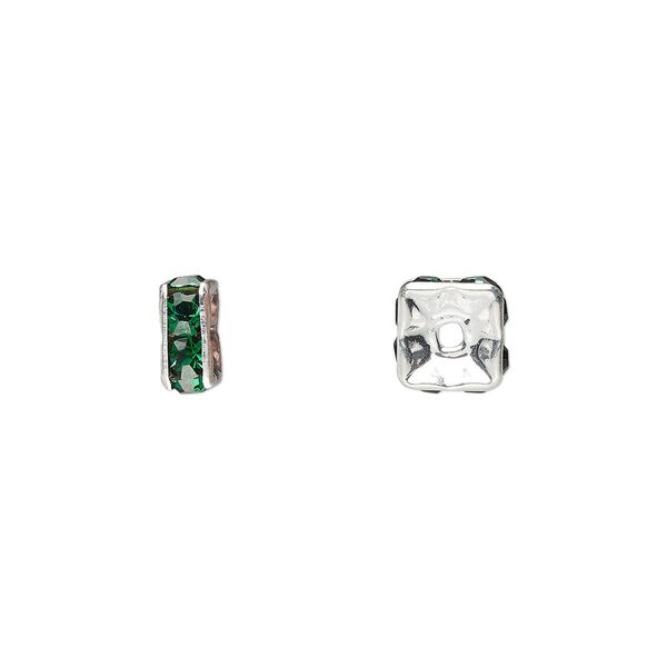 Bead, glass rhinestone and silver-plated brass, emerald green, 6x3mm squaredelle. Sold per pkg of 10. image number 0