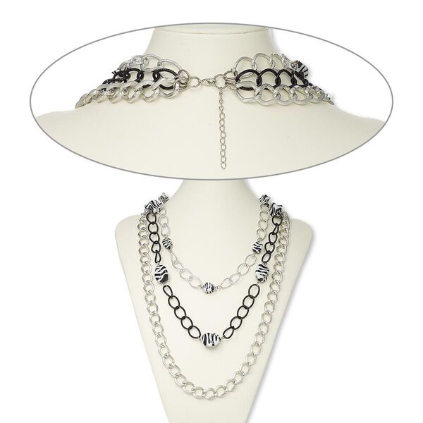 Necklace, acrylic / aluminum / black- / imitation rhodium-plated aluminum / steel, black and white, round with stripes, 21 inches with 2-inch extender chain and lobster claw clasp. Sold individually. image number 0
