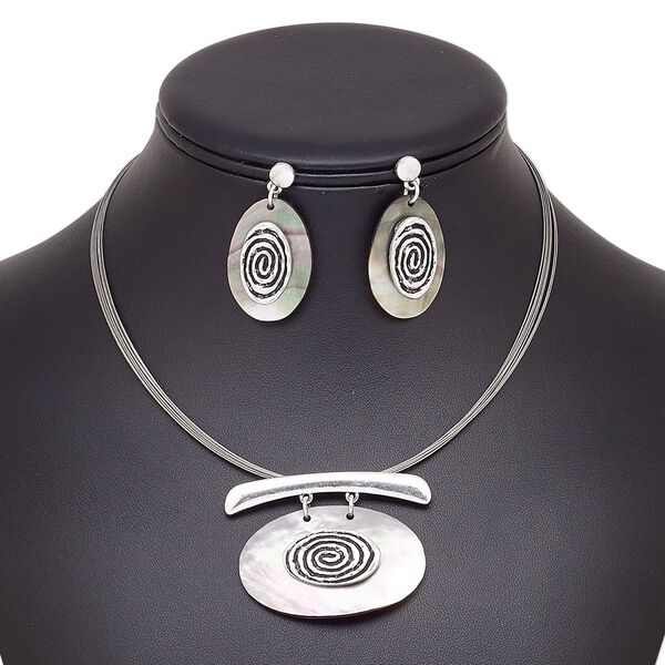 Necklace and earring set, 6-strand, black lip shell (natural) / stainless steel / antique silver-plated steel / "pewter" (zinc-based alloy), 52x39mm oval, 15" to 16" strand necklace with 2-inch extender chain and lobster claw clasp, 41mm earrings with post. Sold per set. image number 0