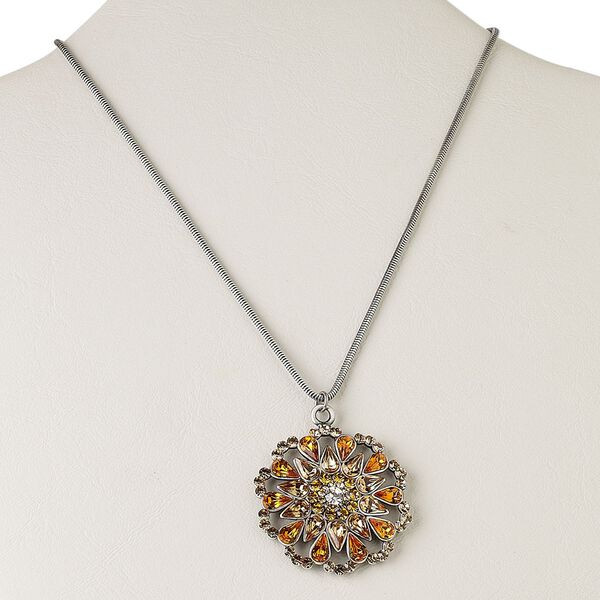 Necklace, antiqued silver-plated brass and crystal rhinestones, peach and amber, 43mm fancy round, 15" to 16" snake chain with 2-inch extender chain. Sold individually. image number 0