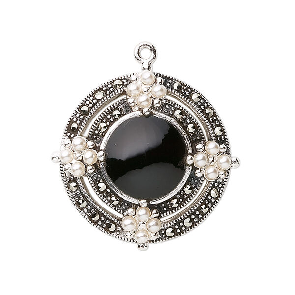 Marcasite / black onyx / freshwater pearl / sterling silver 1pkg1, fancy round drop cultured 25mm image number 0