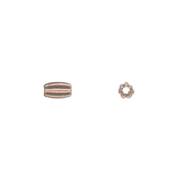 Bead, antique copper-plated "pewter" (zinc-based alloy), 7x4mm corrugated round tube. Sold per 100. image number 0