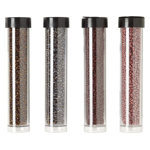 Seed bead assortment, Ming Tree™, glass, pkg/(4) 4 x 3/4 inch vials, #11 round, opaque and transparent silver-lined luster brown. image number 0