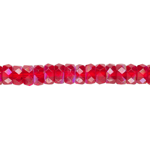 Bead, Czech fire-polished glass, light red AB, 6x3mm faceted rondelle. Sold per 16-inch strand. image number 0