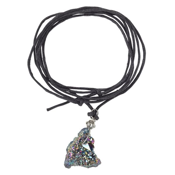Druzy agate / "pewter" (zinc-based alloy) / steel 1pkg1, rainbow freeform necklace adjustable 16-32 inch 25x15mm-34x21mm image number 0