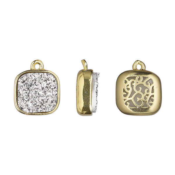 Drop, Druzylite™, "druzy" (resin) and gold-finished brass, silver, 11.5mm two-sided square with open filigree back. Sold per pkg of 4. image number 0