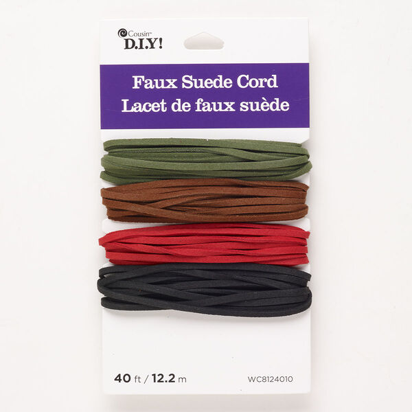 Cord, faux suede, pkg/(4) 10 feet, mixed colors, 3mm flat. image number 0
