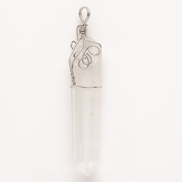 Pendant, quartz crystal (natural) and antique silver-finished "pewter" (zinc-based alloy), 46x8mm-61x15mm wire-wrapped point. Sold individually. image number 0