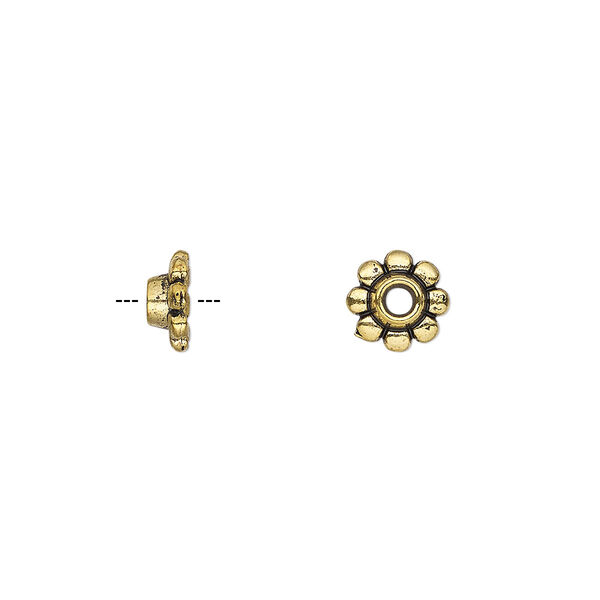 Bead cap, antique gold-finished "pewter" (zinc-based alloy), 8x3mm scalloped round, fits 6-10mm bead. Sold per pkg of 100. image number 0