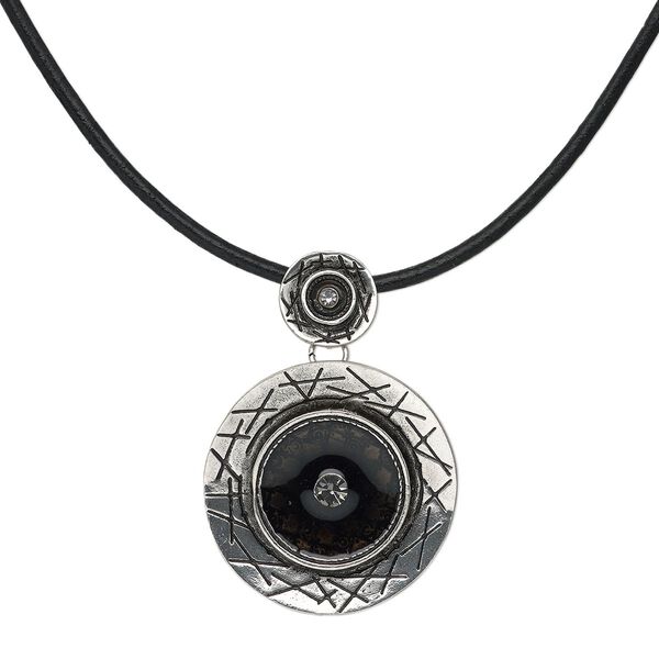 Necklace, antique silver-plated "pewter" (zinc-based alloy) and steel / leather / epoxy / crystal rhinestones, black and crystal clear, 40mm round with smooth leather cord, 18 inches with lobster claw clasp with 3-inch extender chain. Sold individually. image number 0