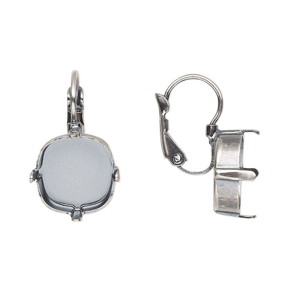 Ear wire leverback 1pkg2 JBB findings antique silver-plated, 21mm / 12mm cushion 4-prong setting, brass 1 pair image number 0
