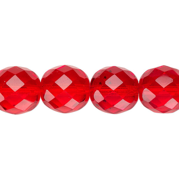 Bead, Czech fire-polished glass, pkg/15-1/2 to 16 inches, 12mm faceted round, transparent light red, (90080). image number 0