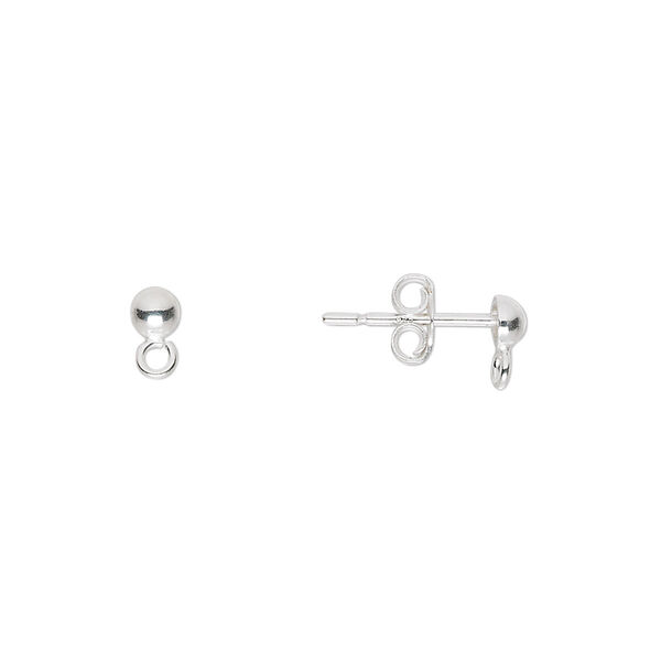Earstud, sterling silver, 3.5mm half ball with open loop. Sold per pkg of 5 pairs. image number 0