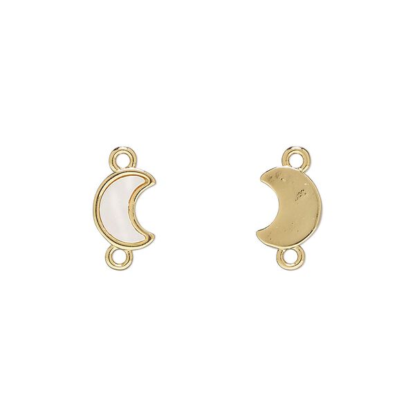 Link 1pkg2 brass / mother-of-pearl shell, 9x7mm moon, bleached gold finish / white image number 0
