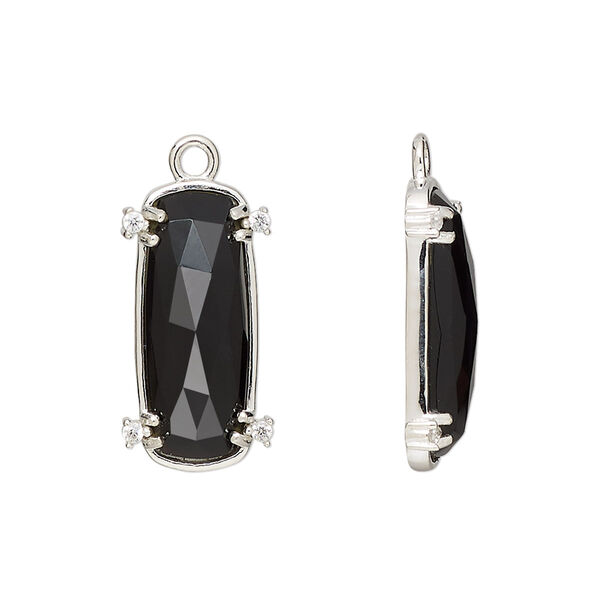 Drop, black onyx (dyed) / cubic zirconia / sterling silver, clear, 21x11mm hand-cut single-sided faceted oval, Mohs hardness 6-1/2 to 7. Sold individually. image number 0