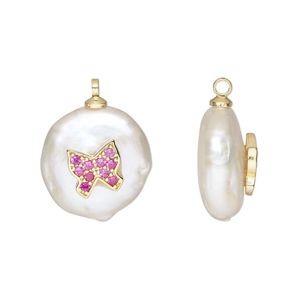 Drop, cubic zirconia / cultured freshwater pearl (bleached) / gold-finished brass, white and pink, 13-14mm single-sided round with butterfly design. Sold individually. image number 0