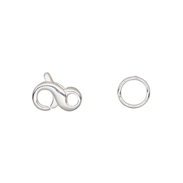 Clasp, lobster claw, silver-plated brass, 12x7mm infinity with 8mm closed jump ring. Sold per pkg of 4. image number 0