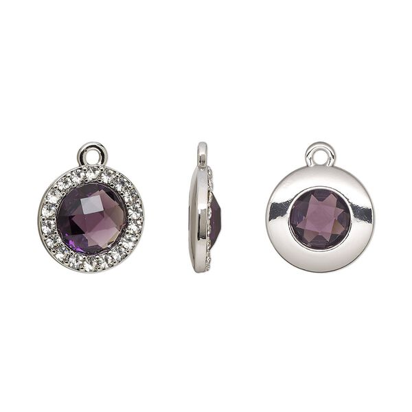 Drop, glass / glass rhinestone / imitation rhodium-finished "pewter" (zinc-based alloy), clear and transparent amethyst purple, 15.5mm single-sided round. Sold per pkg of 2. image number 0
