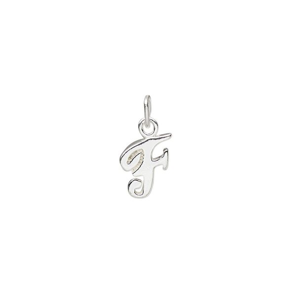 Charm, sterling silver, 10x7mm Champagne cursive alphabet letter "F." Sold individually. image number 0