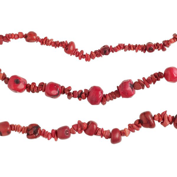 Bead mix, bamboo coral (dyed), light to dark red, small to extra-large chip and small to medium nugget, Mohs hardness 3-1/2 to 4. Sold per (3) 8-inch strands. image number 0