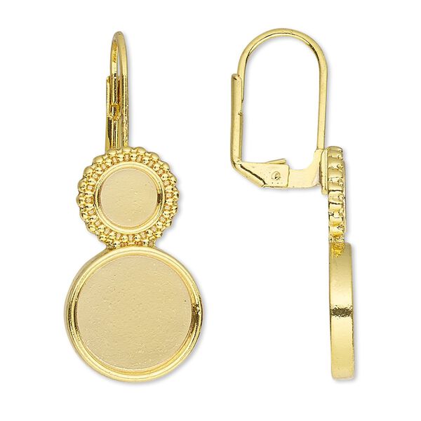 Ear wire leverback 1pkg10 Almost Instant Jewelry®, 37mm / 6mm and 12mm flat back round glue-in setting, gold-finished brass 5 pair image number 0