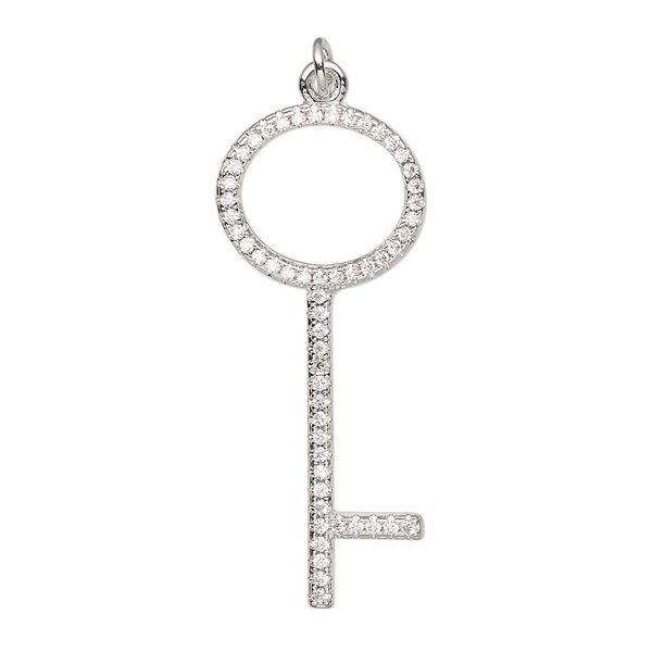 Focal, cubic zirconia and imitation rhodium-plated brass, clear, 34x14mm single-sided key. Sold individually. image number 0