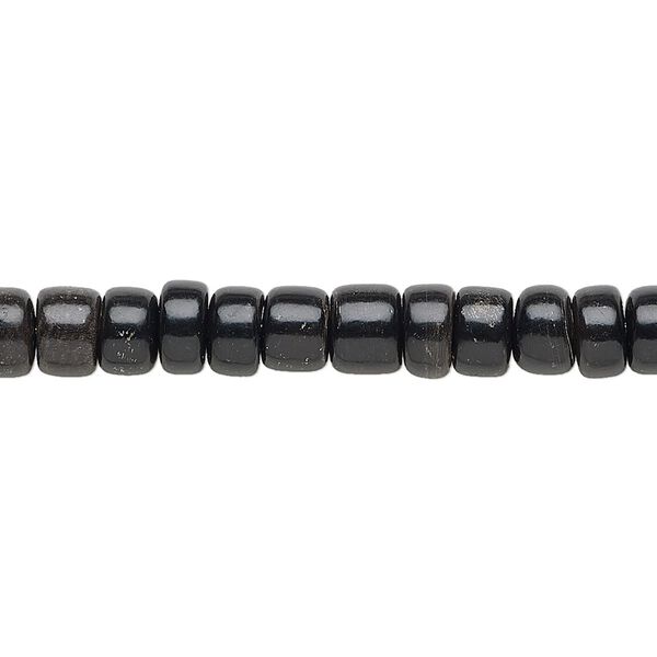 Bead, horn (dyed / waxed), black, 6x3mm hand-cut rondelle. Sold per 15-1/2" to 16" strand. image number 0
