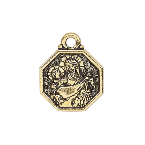 Drop, TierraCast®, antique gold-plated pewter, 20mm 2-sided octagon with Saint Christopher and "Saint Christopher protect us." Sold individually. image number 0