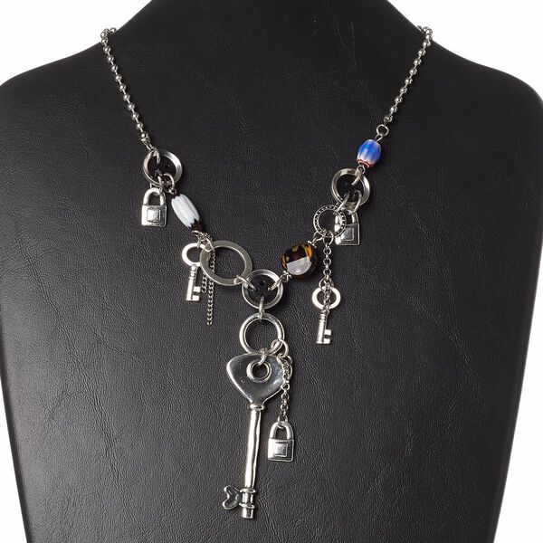 Necklace, glass / resin / silver- / antique silver-plated brass / "pewter" (zinc-based alloy) / steel, multicolored, 64x25mm key, 15 inches with 3-inch extender chain and lobster claw clasp. Sold individually. image number 0