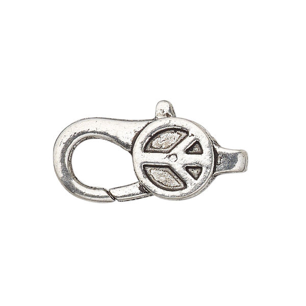 Clasp, lobster claw, antique silver-plated "pewter" (zinc-based alloy), 27.5x12mm with double-sided peace sign design. Sold per pkg of 4. image number 0
