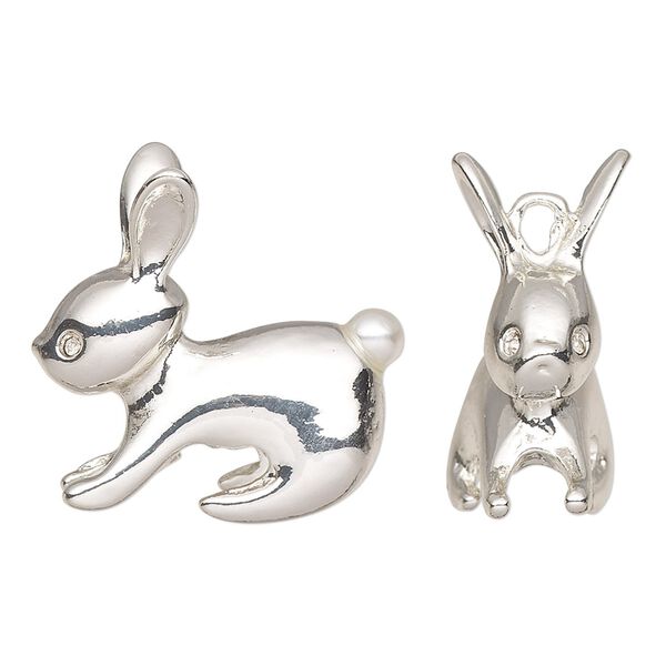 Charm, acrylic / glass / silver-finished pewter (tin-based alloy), white, 24.5mm 3D rabbit. Sold per pkg of 2. image number 0