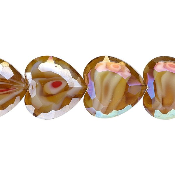 Bead, millefiori glass, marbled amber yellow AB, 16x16mm faceted heart. Sold per 8-inch strand, approximately 10 beads. image number 0