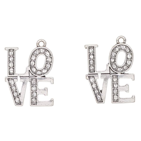 Charm, antique silver-finished "pewter" (zinc-based alloy) and glass, clear, 26x21mm "Love". Sold per pkg of 2. image number 0
