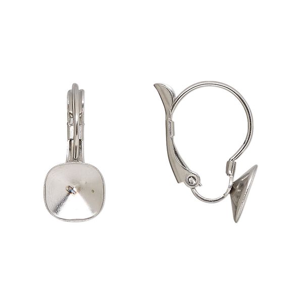Ear wire leverback 1pkg4 Almost Instant Jewelry®, 19mm / 8mm cushion glue-in setting, stainless steel 2 pair image number 0