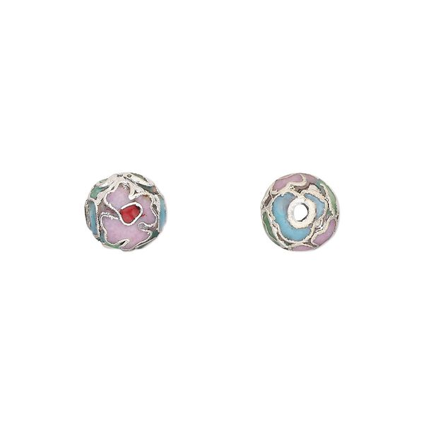 Bead, cloisonné, enamel and silver-plated copper, multicolored, 8mm round. Sold per pkg of 10. image number 0