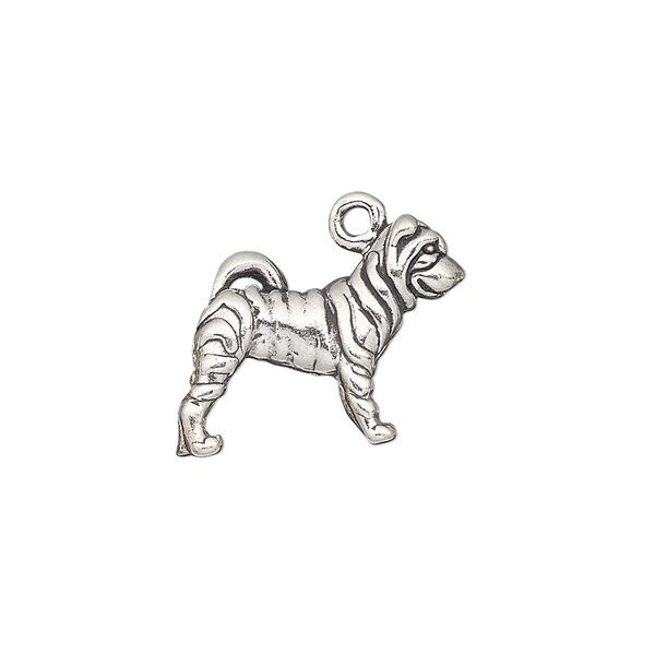 Charm, antiqued sterling silver, 20x18mm 3D Shar-Pei. Sold individually. image number 0